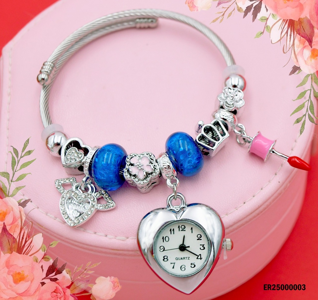 RELOJ CORAZÓN BRAZALETE CON CHARM VARIOS/RUEDAS AZULES