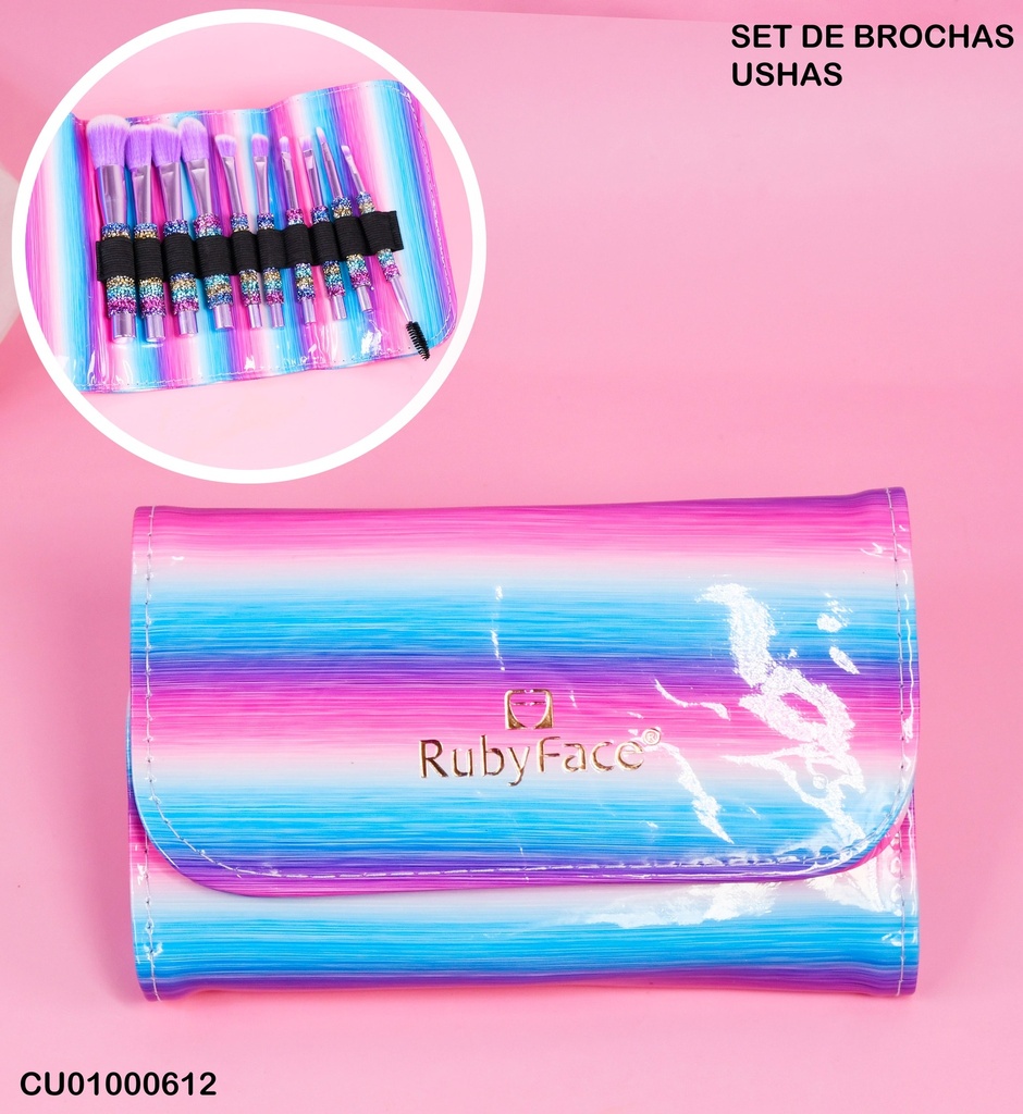 SET 10 BROCHAS ESTUCHE CELESTE/MORADO/ROSADO RUBYFACE TZ10PCS+B