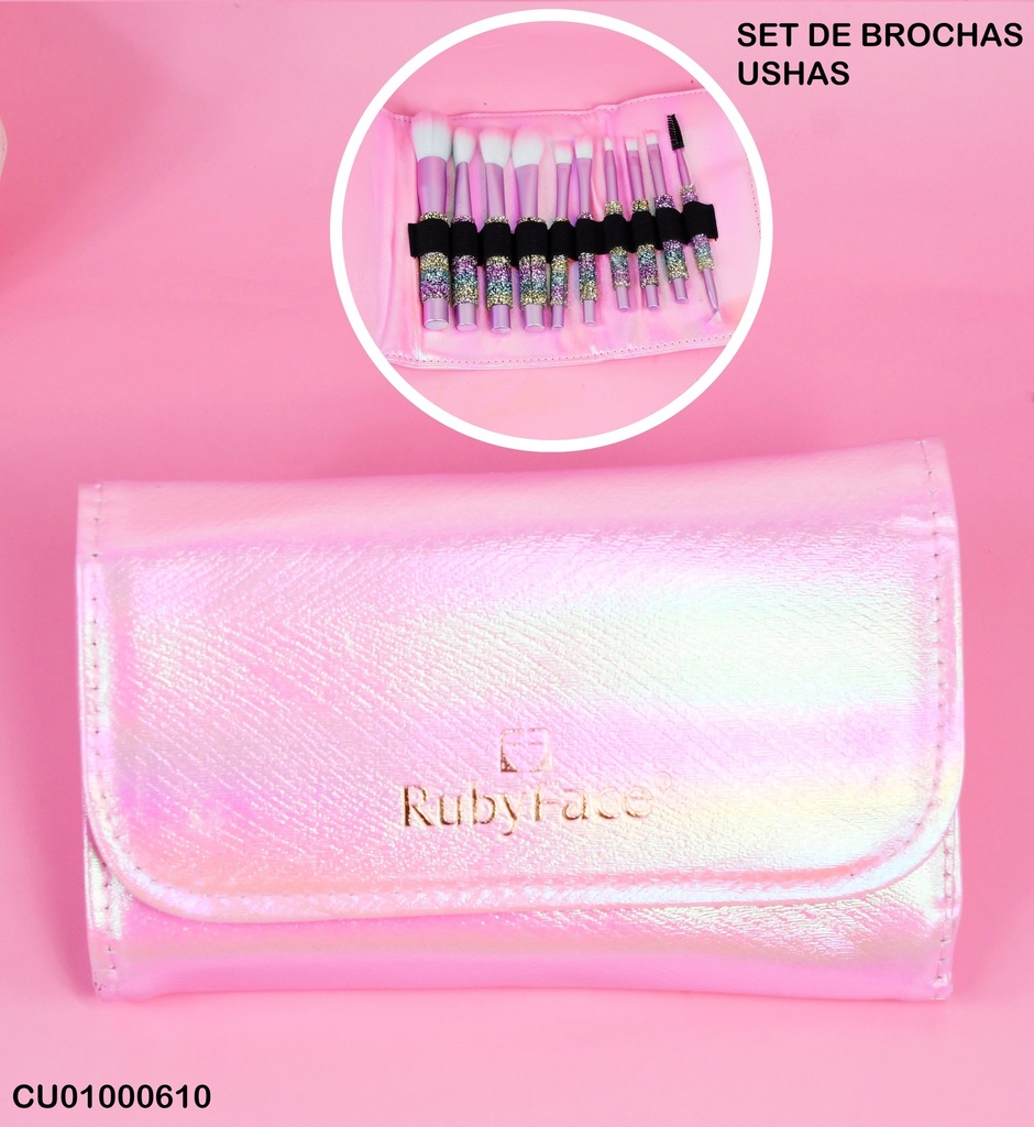 SET 10 BROCHAS ESTUCHE ROSADO RUBYFACE TZ10PCS+B