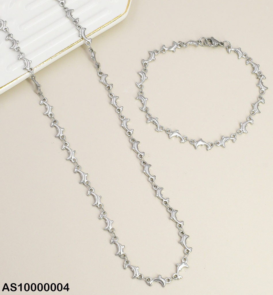 SET ACERO PLATEADO CADENA Y PULSERA CON DELFINES