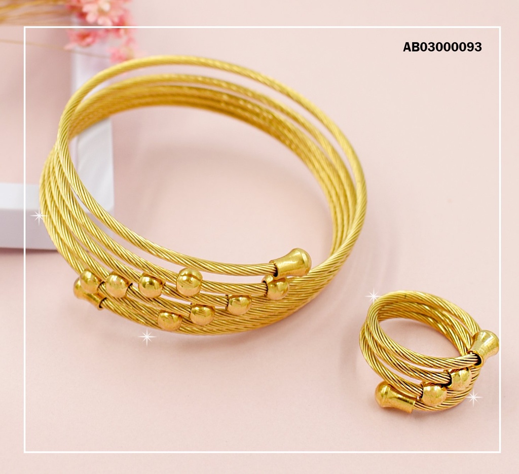 SET BRAZALETE CON ANILLO ESPIRAL C/PELOTITAS DORADAS