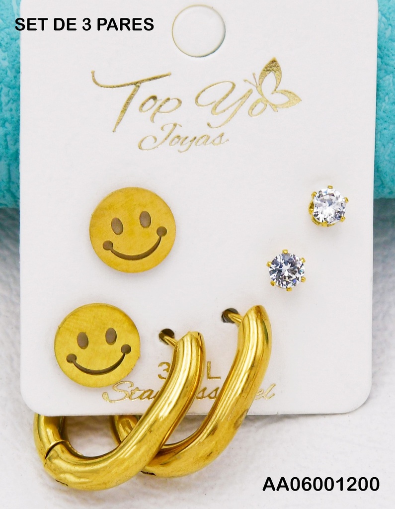 TRÍO ARETES CARITA FELIZ/ZIRC/ARGOLLAS OVALADAS