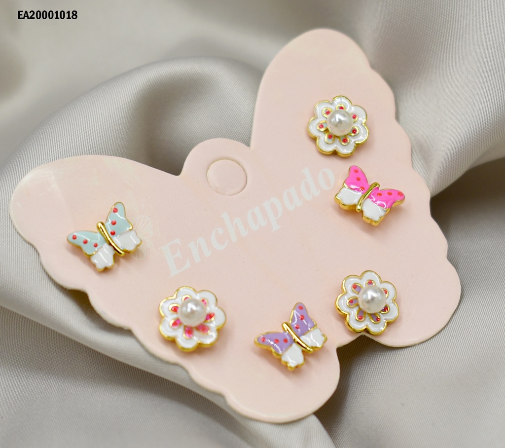 TRÍO ARETES CARTÓN MARIPOSA FLOR C/PERLA/MARIPOSAS