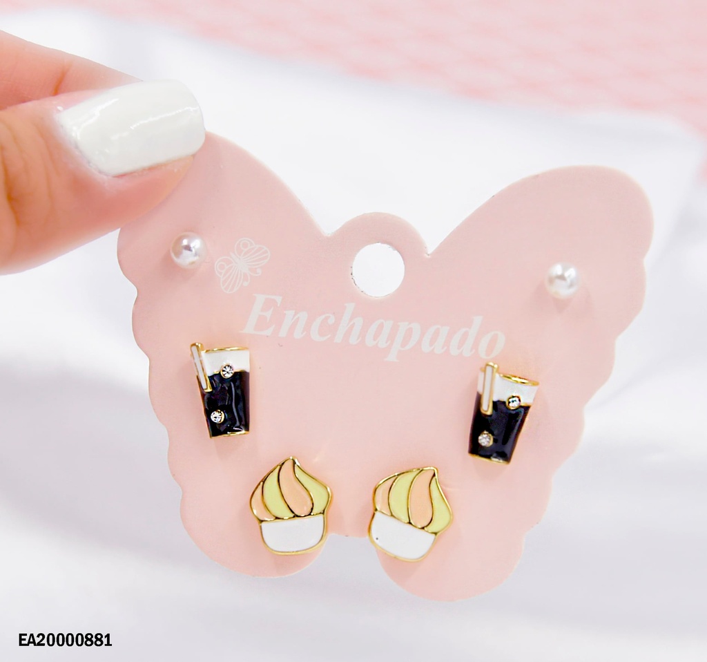 TRÍO ARETES CARTÓN MARIPOSA PERLA,VASP,PUDIN