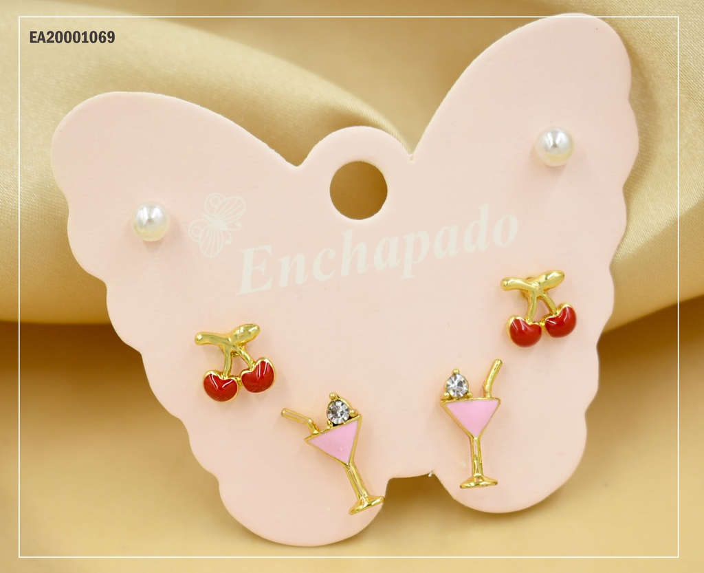 TRÍO ARETES CARTÓN MARIPOSA PERLITA/CEREZAS/COPA