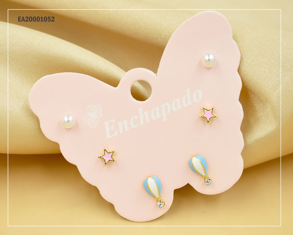 TRÍO ARETES CARTÓN MARIPOSA PERLITA/ESTRELLITA/GLOBO ZIRCONIA