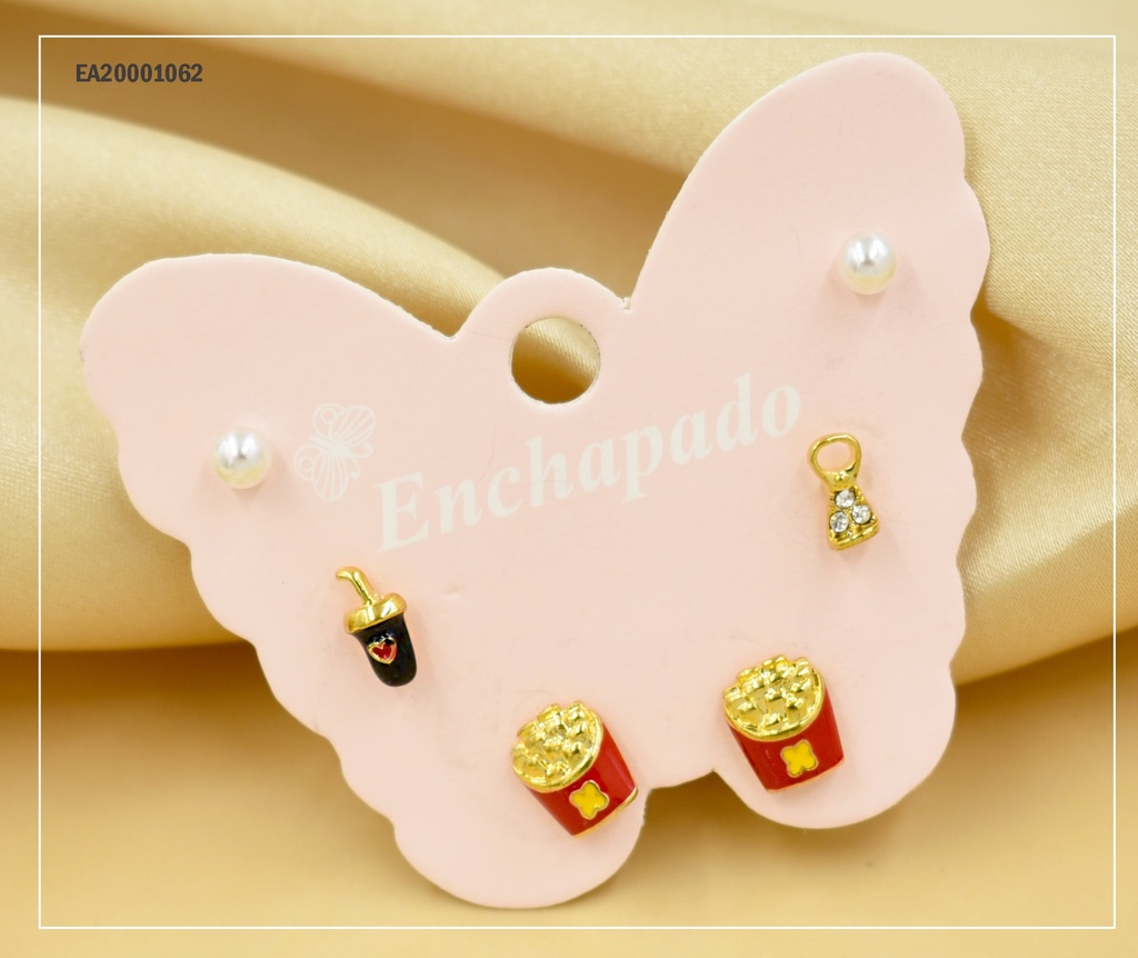 TRÍO ARETES CARTÓN MARIPOSA PERLITA/PALOMITAS/BEBIDA,DIJE (P.E.NOV2025)