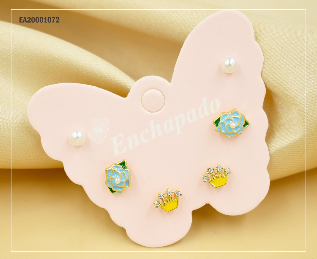 TRÍO ARETES CARTÓN MARIPOSA PERLITA/ROSA/CORONA ZIRCONIAS