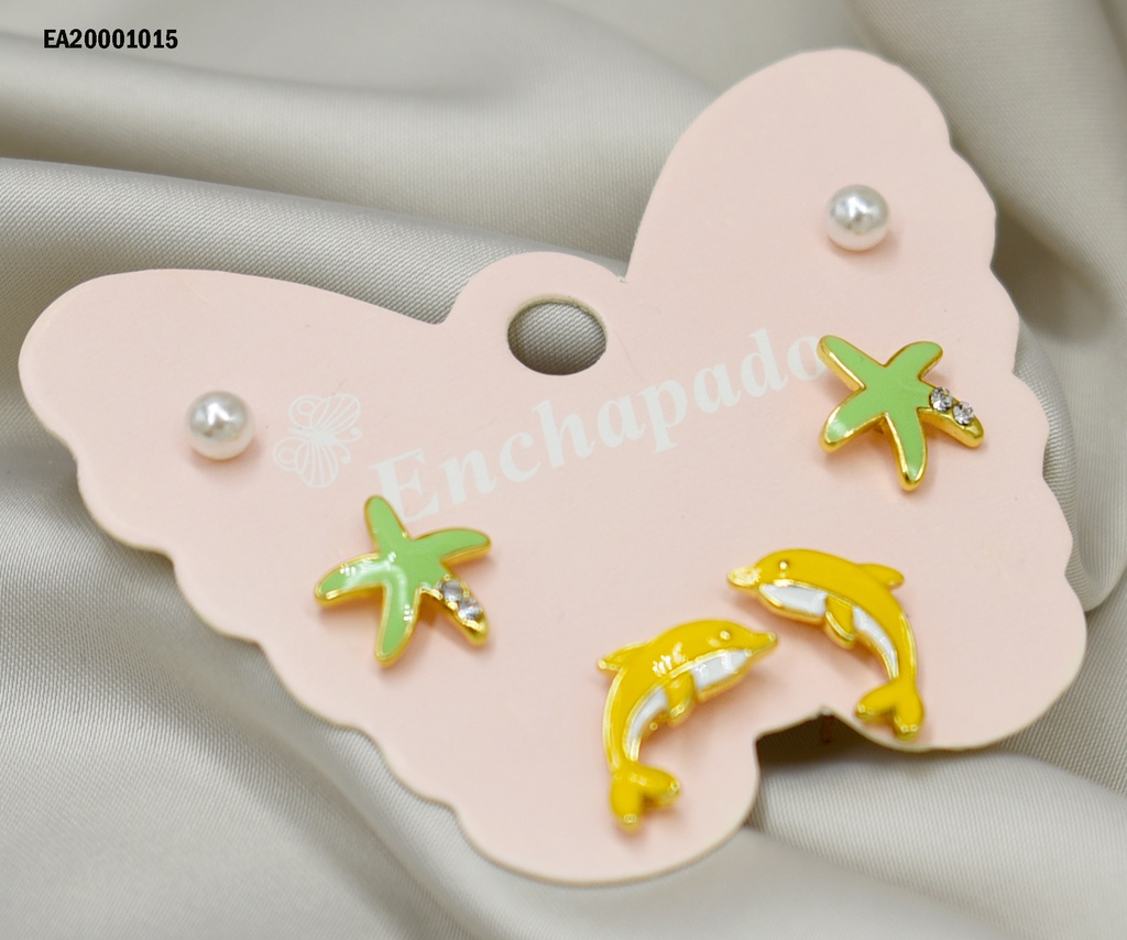 TRÍO ARETES CARTÓN MARIPOSA PERLITAS/ESTRELLA MAR/DELFÍN