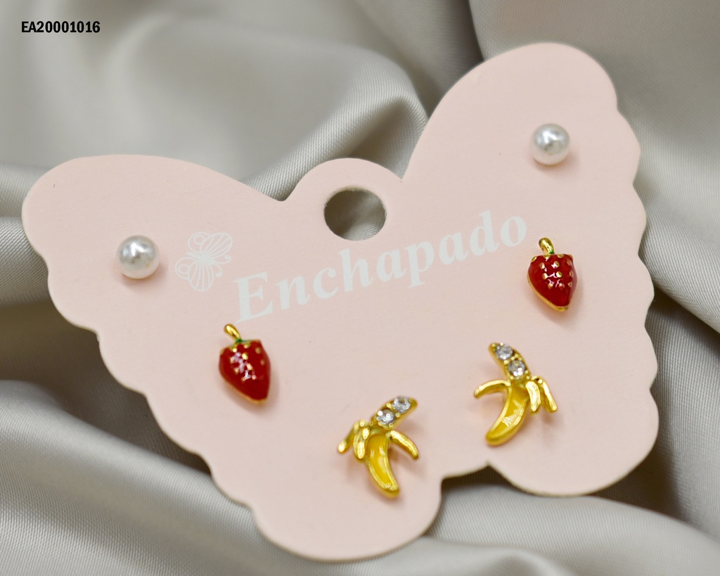 TRÍO ARETES CARTÓN MARIPOSA PERLITAS/FRESA/BANANO
