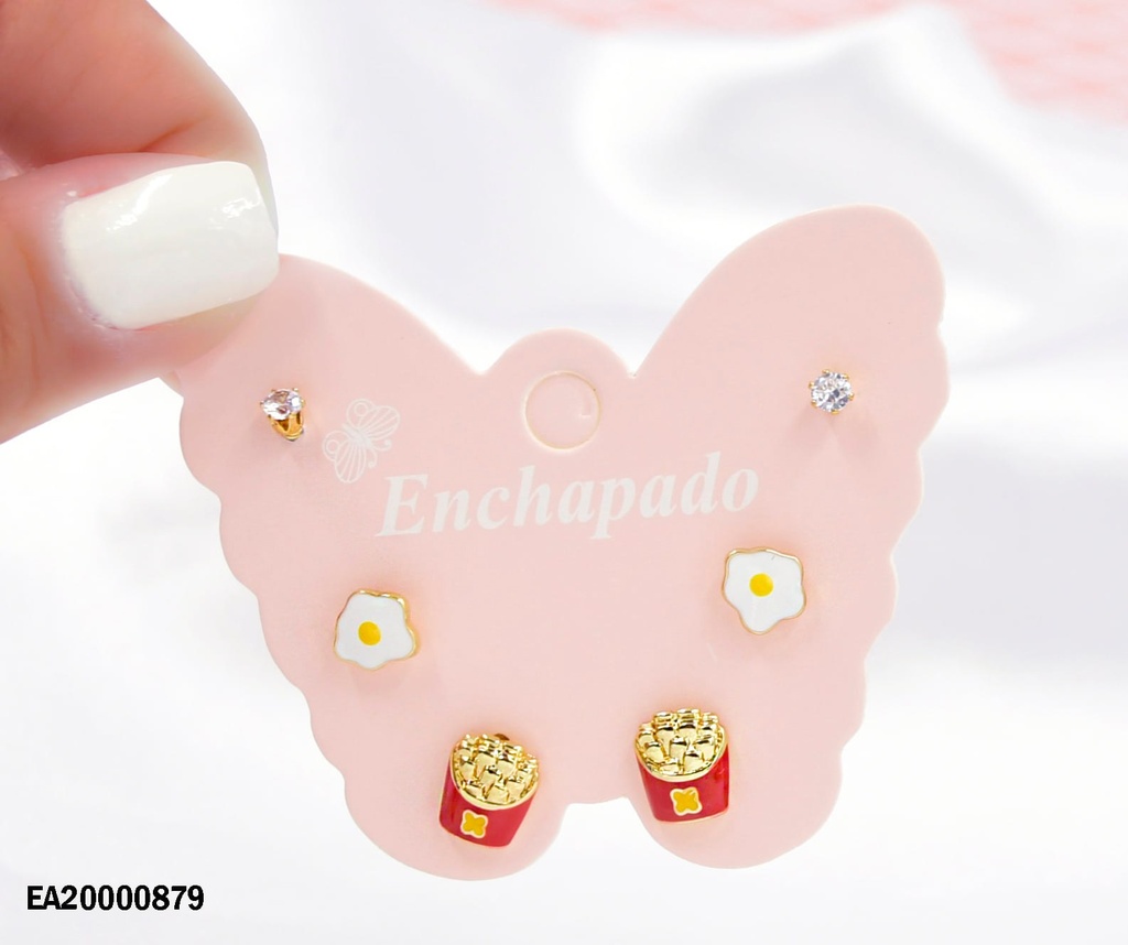 TRÍO ARETES CARTÓN MARIPOSA ZIRCONIA,FLOR,PALOMITAS