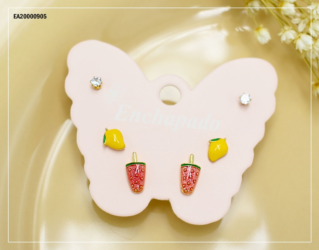 TRÍO ARETES CARTÓN MARIPOSA ZIRCONIA,MANGO,HELADO