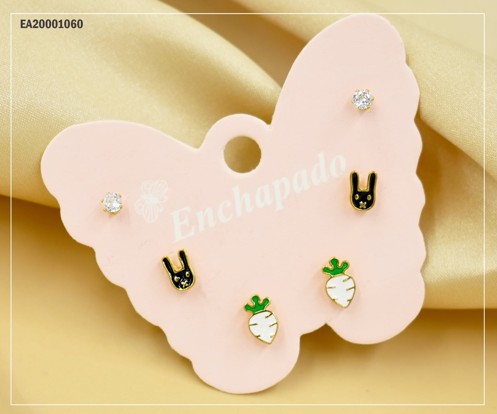 TRÍO ARETES CARTÓN MARIPOSA ZIRCONIA/CONEJO/RÁBANO (P.E.NOV2025)