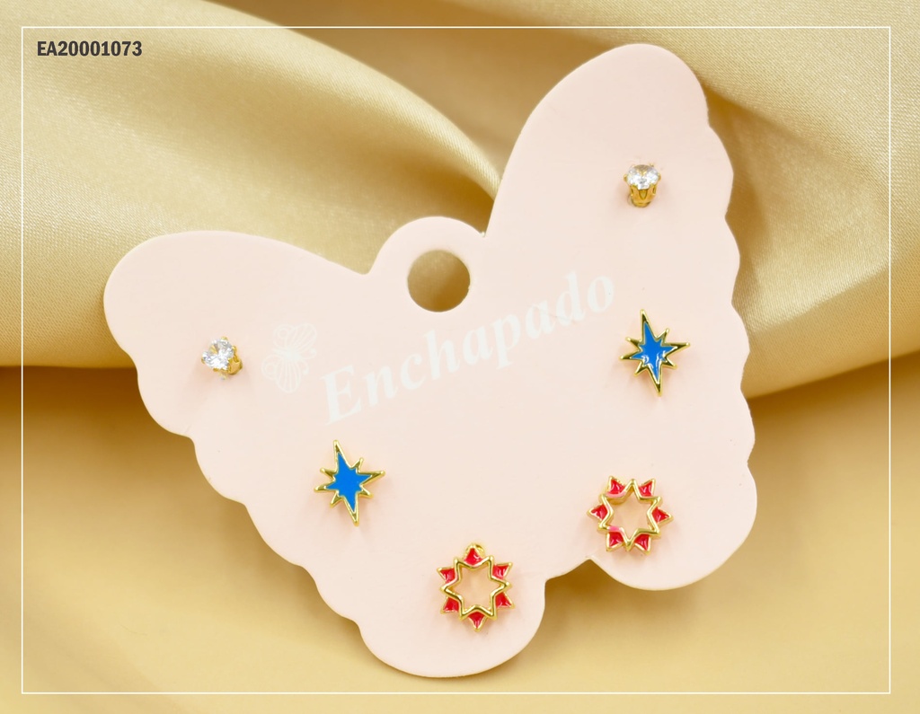 TRÍO ARETES CARTÓN MARIPOSA ZIRCONIA/ESTRELLA AZUL/GUIRNALDA