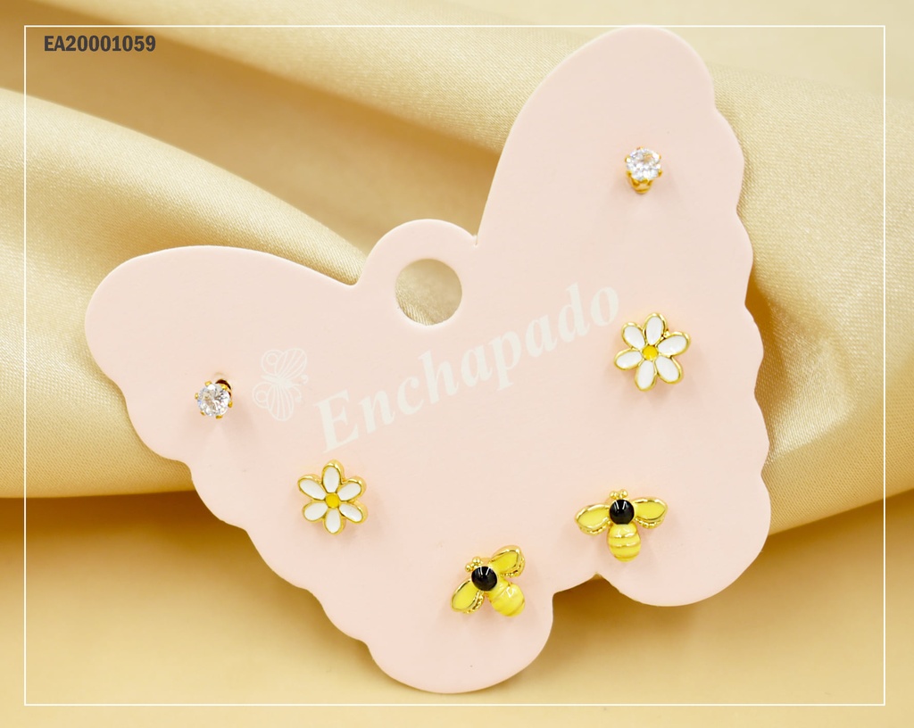 TRÍO ARETES CARTÓN MARIPOSA ZIRCONIA/FLOR/ABEJA