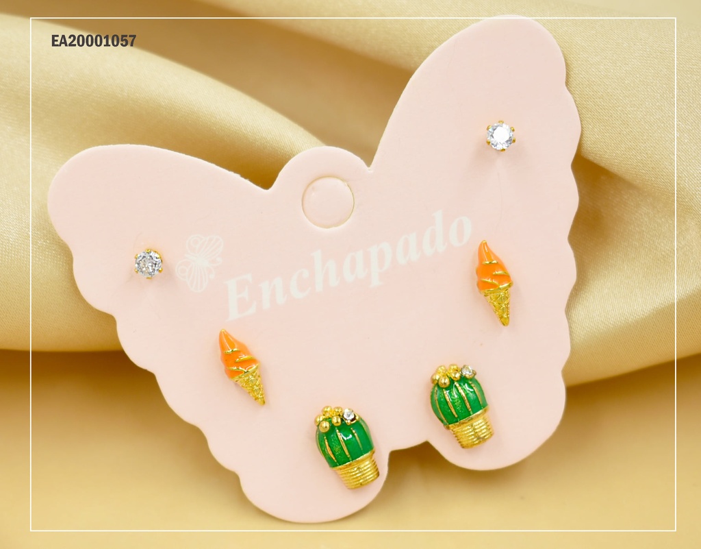 TRÍO ARETES CARTÓN MARIPOSA ZIRCONIA/HELADO/CACTUS (P.E.NOV2025)