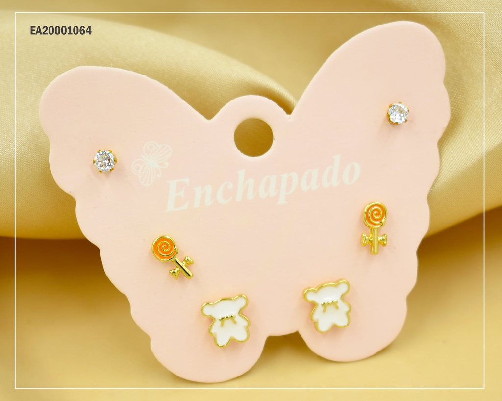 TRÍO ARETES CARTÓN MARIPOSA ZIRCONIA/PALETA CARAMELO/OSITO (P.E.NOV2025)