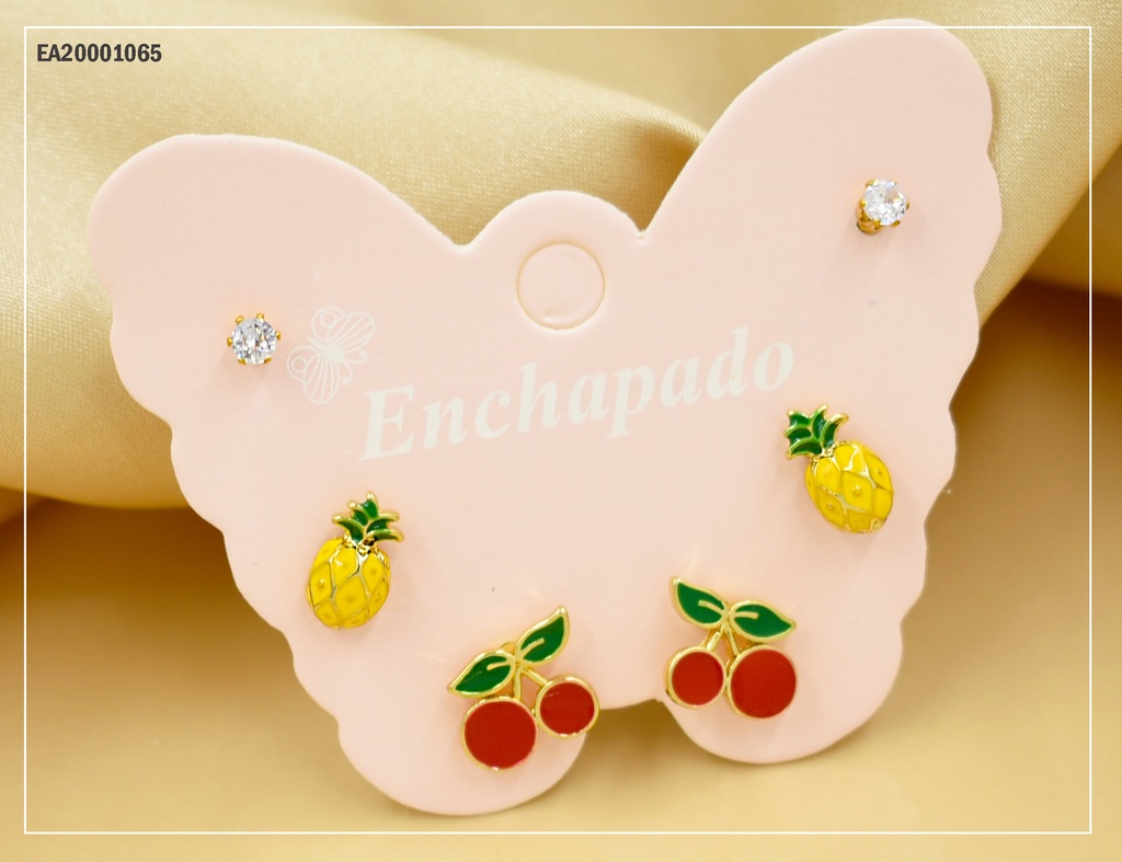 TRÍO ARETES CARTÓN MARIPOSA ZIRCONIA/PIÑA/CEREZAS