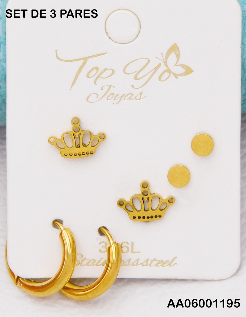 TRÍO ARETES CORONA/PLAQUITA RD/ARGOLLITAS