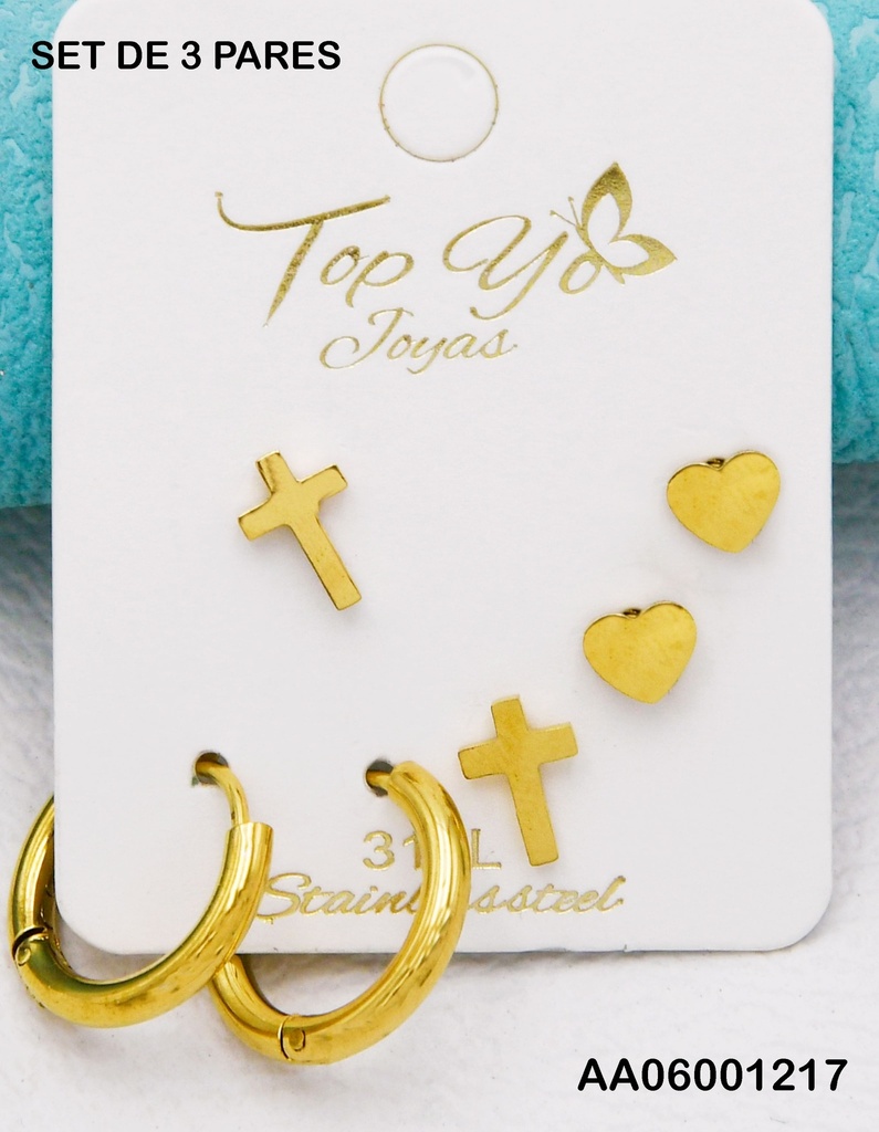 TRÍO ARETES CRUZ LISA/PLACA 💛/ARGOLLAS