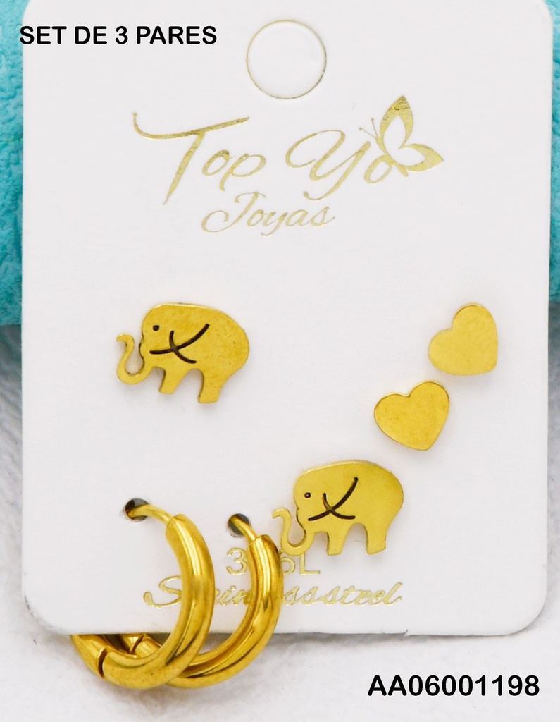 TRÍO ARETES ELEFANTE/CORAZÓN/ARGOLLITAS