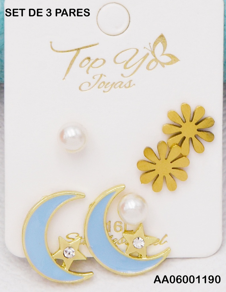 TRÍO ARETES FLOR LISA/PERLITA/LUNAS CELESTES C/⭐