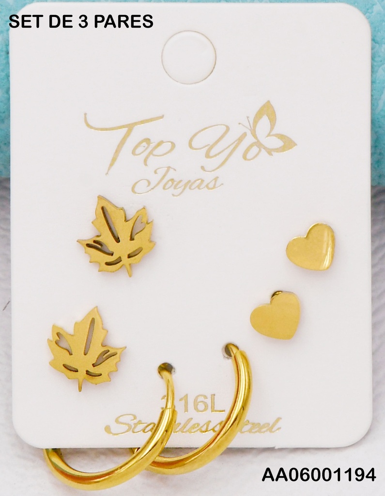 TRÍO ARETES HOJITA/CORAZÓN/ARGOLLITAS