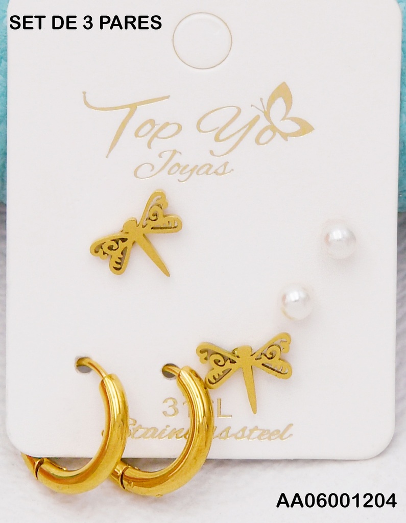 TRÍO ARETES LIBÉLULA/PERLITA/ARGOLLITAS
