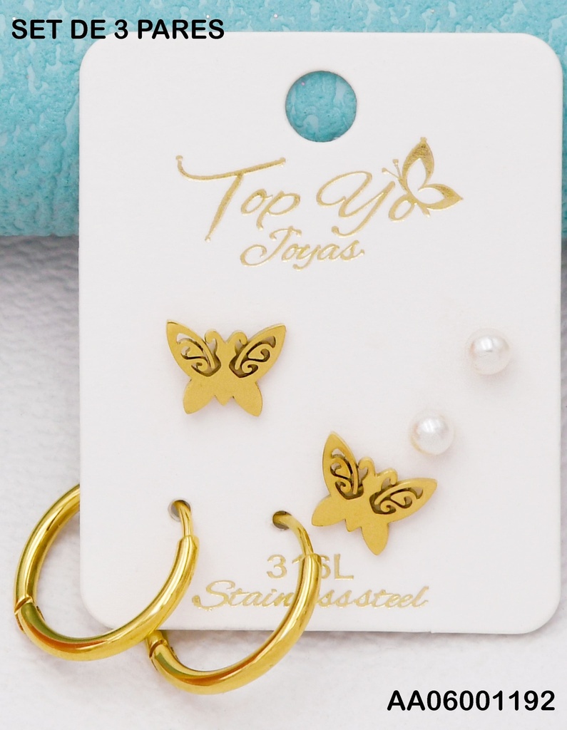 TRÍO ARETES MARIPOSAS/PERLITAS/ARGOLLITAS