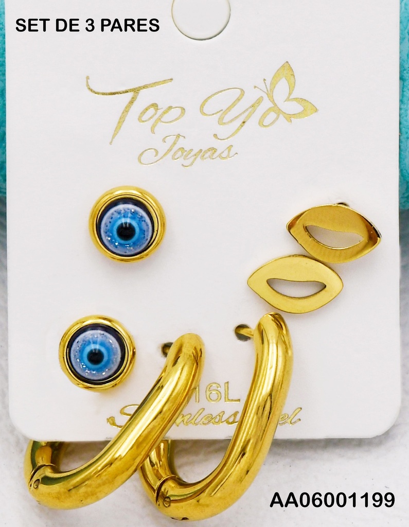 TRÍO ARETES OJITO/CANDADO/ARGOLLAS OVALADAS