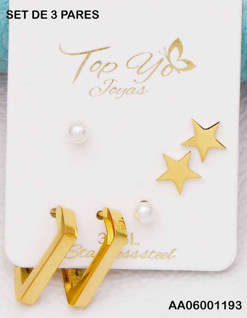 TRÍO ARETES PERLITAS/ESTRELLAS/CROQUI DIAMANTE