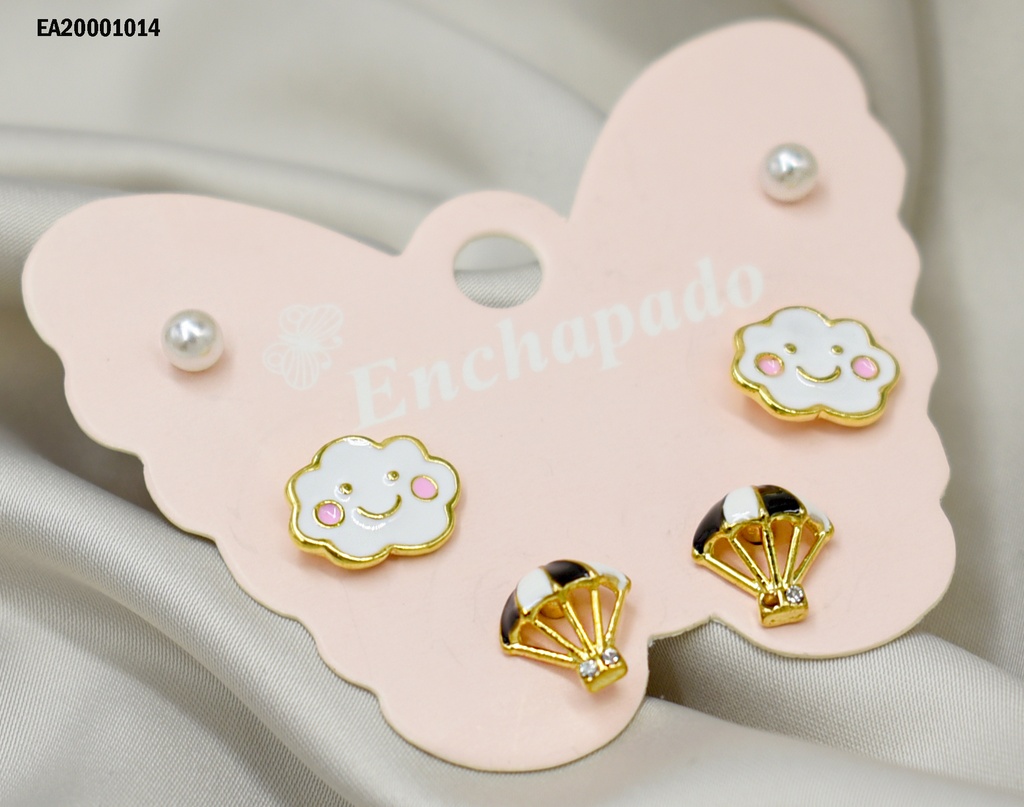 TRÍO ARETES PERLITAS/NUBE/PARACAÍDAS CARTÓN MARIPOSA