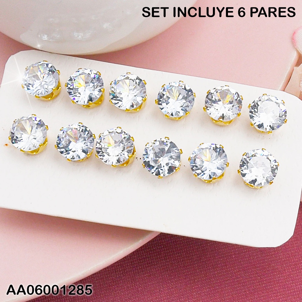 PAQUETE 6 ARETES ZIRCONIAS RD 8MM