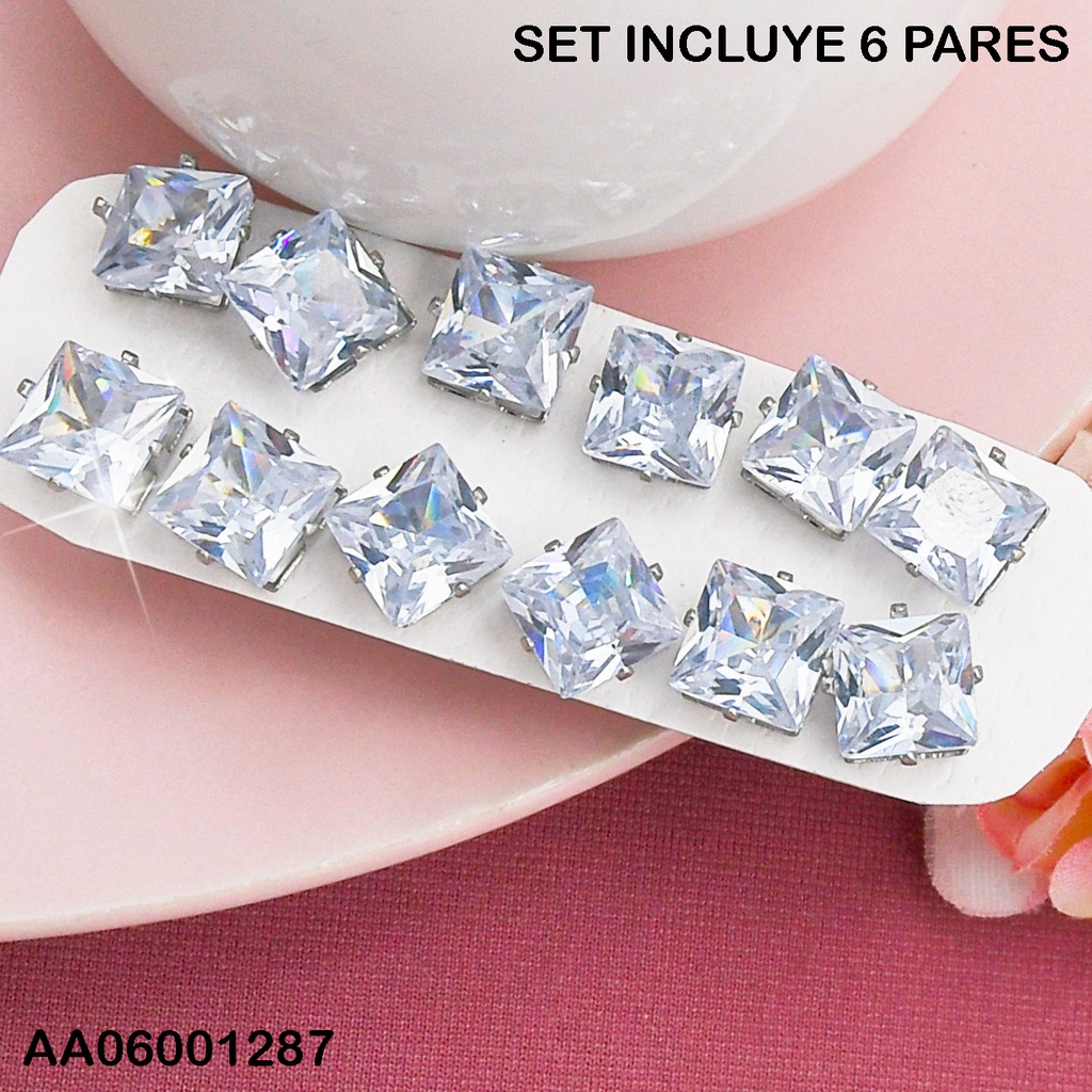 PAQUETE 6 PARES ARETES ZIRCONIAS ⬜ PLATEADAS 8MM