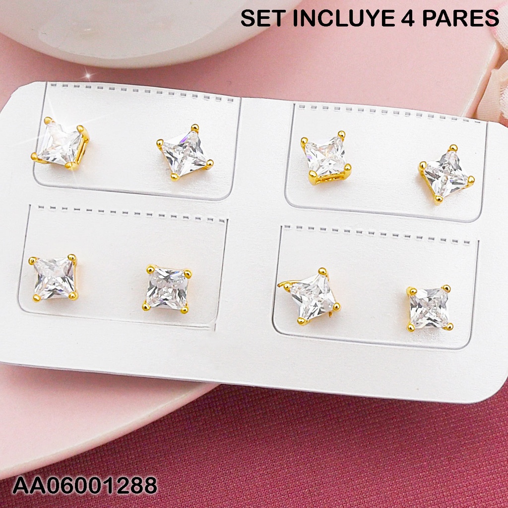 PAQUETE 4 PARES ARETES ZIRCONIAS ⬜ 5MM