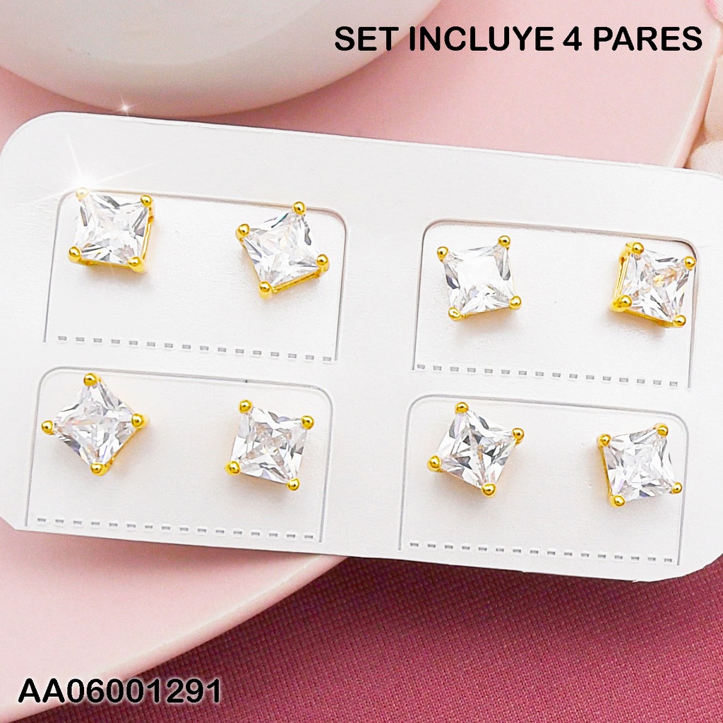 PAQUETE 4 ARETES DORADOS ZIRCONIAS ⬜ 6MM