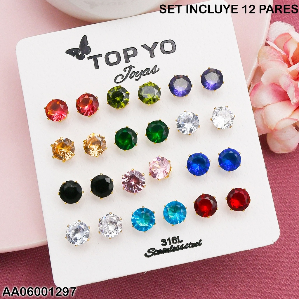 PAQUETE 12 ARETES ZIRCONIAS RD.7MM COL.SURTIDOS