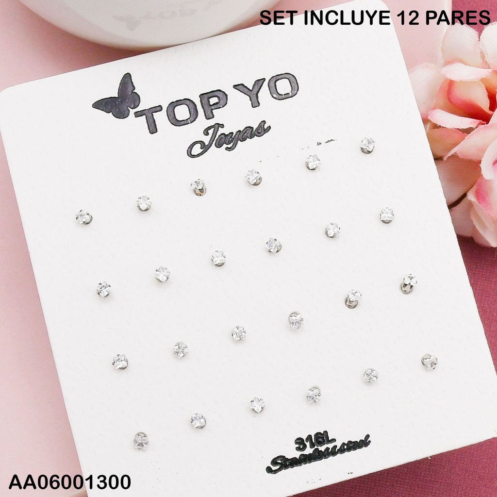 PAQUETE 12 PARES ARETES ZIRCONIAS ⬜ 3MM