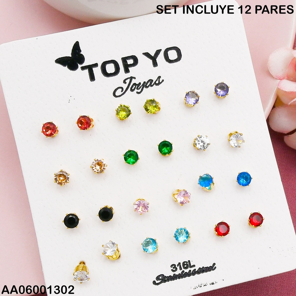 PAQUETE 12 PARES ARETES ZIRCONIAS RD.4MM COL.SURTIDOS
