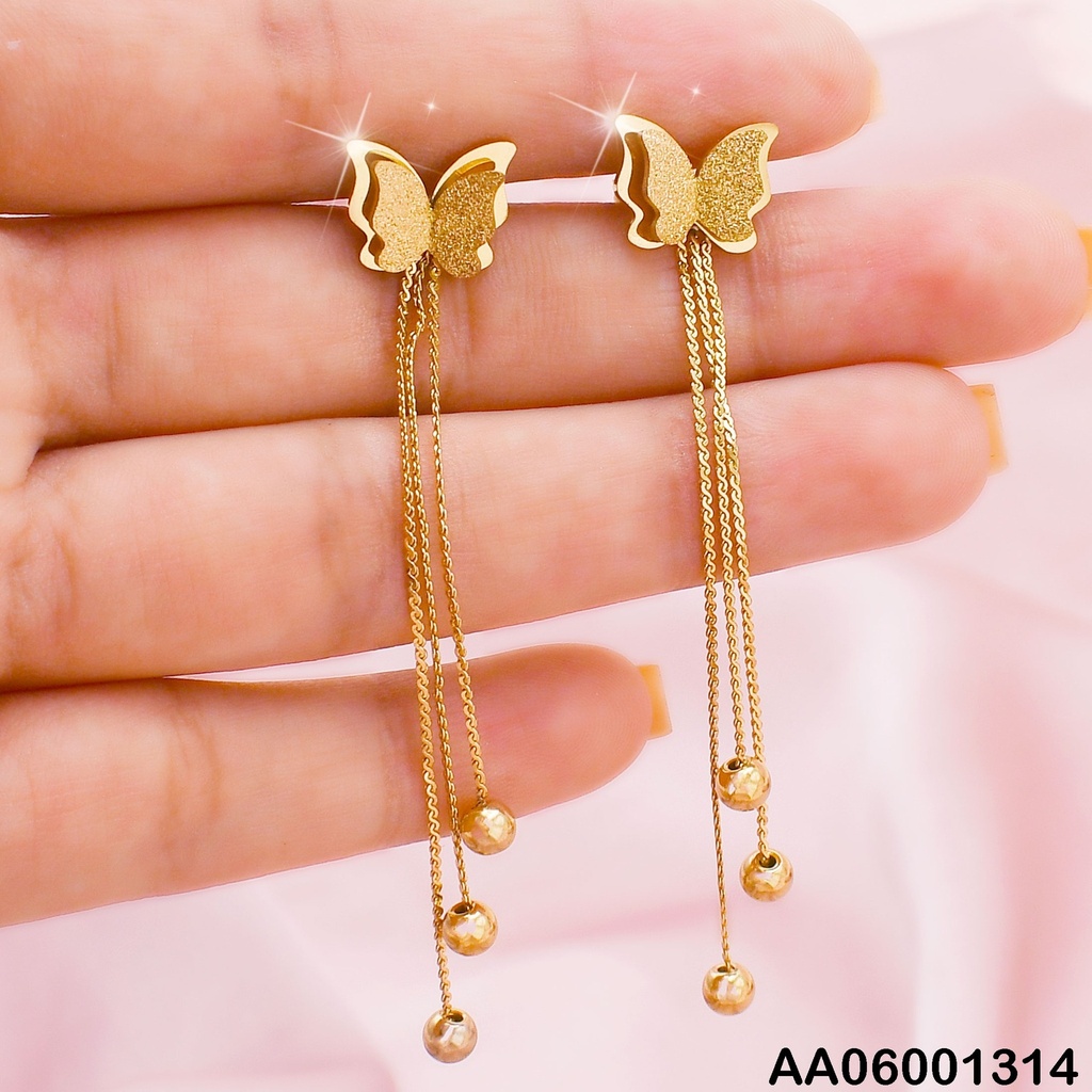 ARETES MARIPOSA DOBLE COLGANTES:3 ESFERAS DOR.
