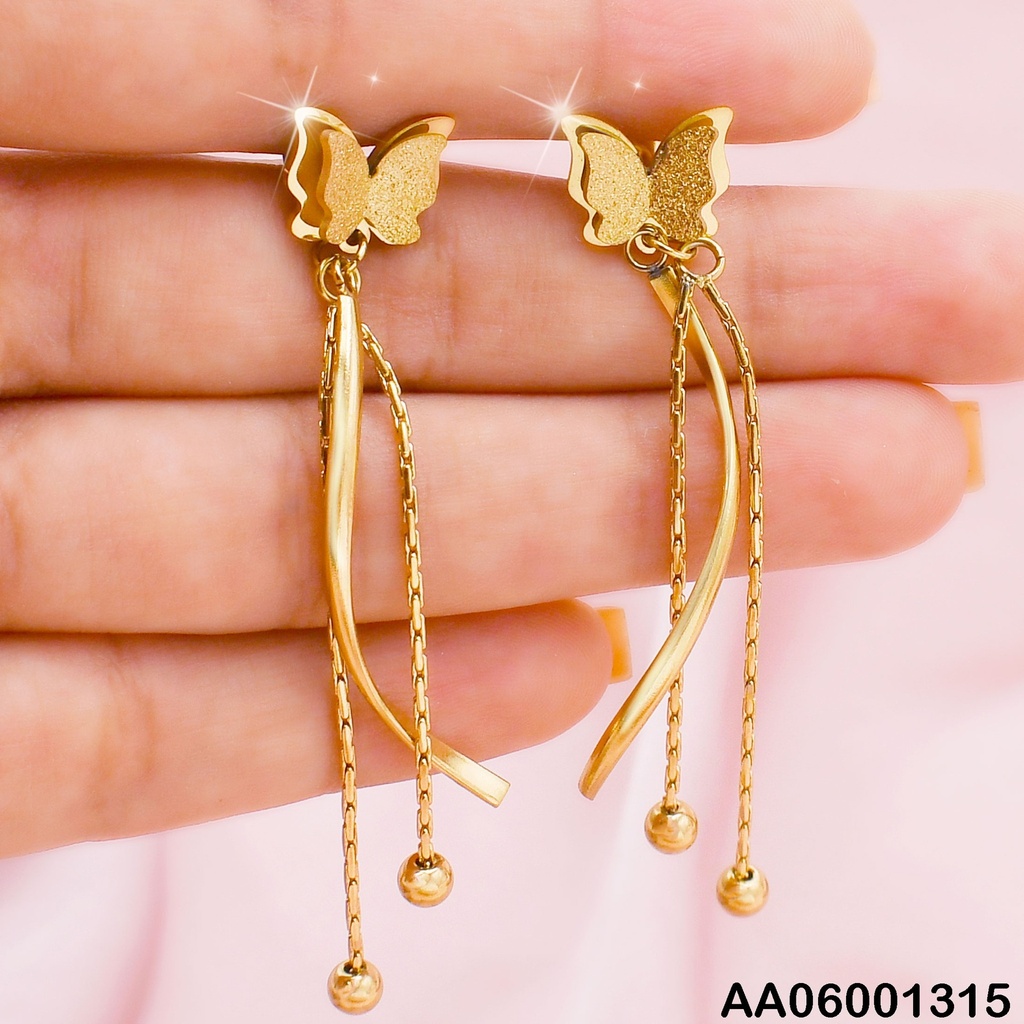 ARETES MARIPOSA DOBLE COLGANTES:LÍNEA CURVA/2 ESFERAS