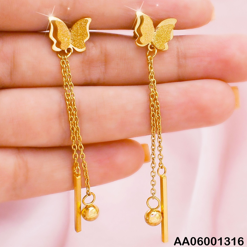ARETES MARIPOSA DOBLE COLGANTES:BARRITA/ESFERA DOR