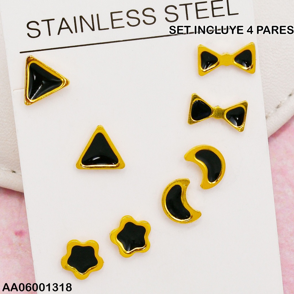 PAQUETE 4 PARES ARETES NEGROS C/DORADO VARIOS