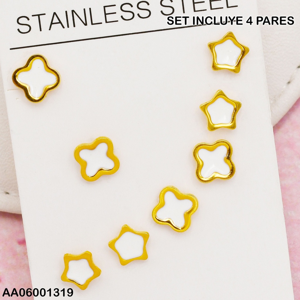 PAQUETE 4 PARES ARETES BLANCO C/DORADO VARIOS