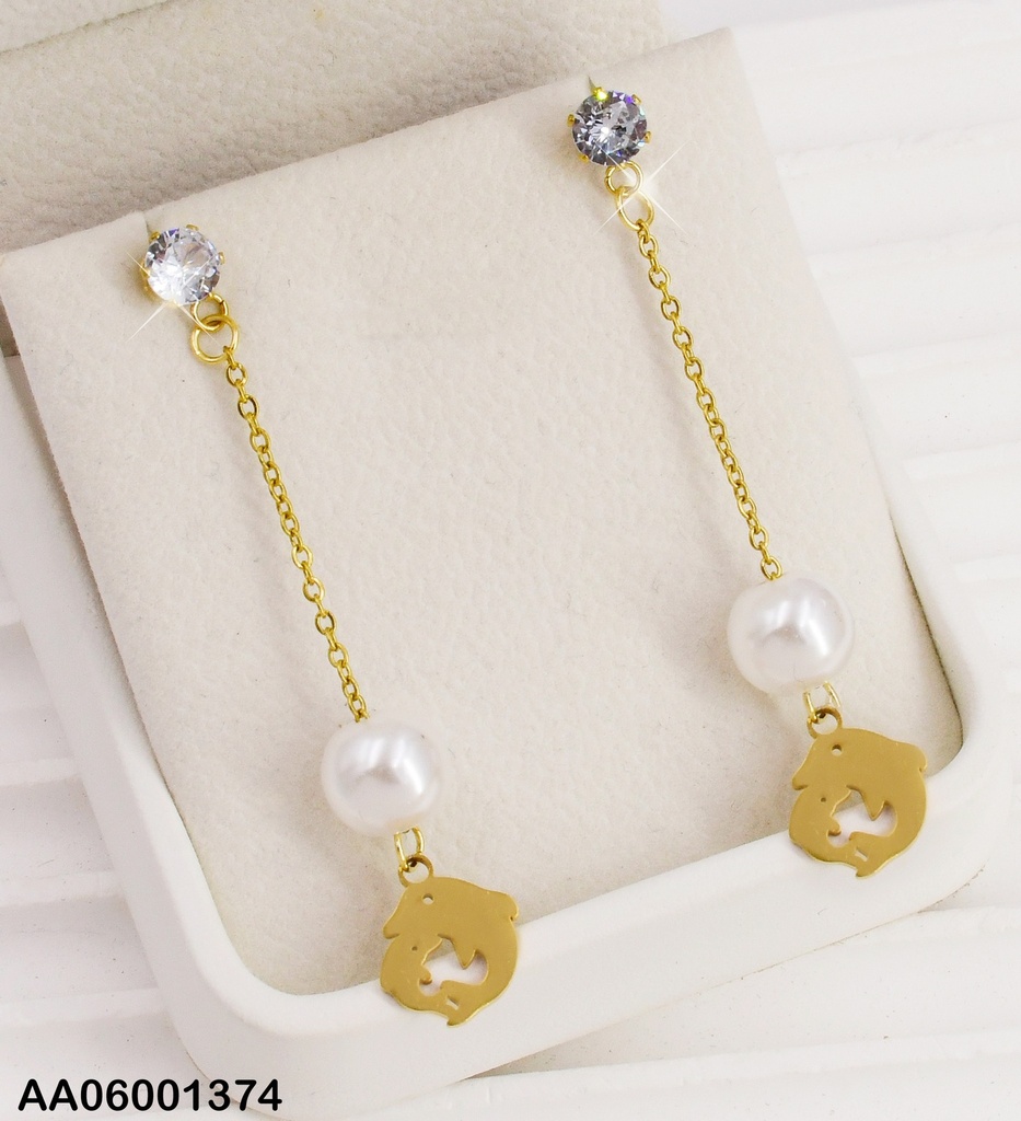 ARETES COLGAR PERLA/PLACA DOS DELFINES