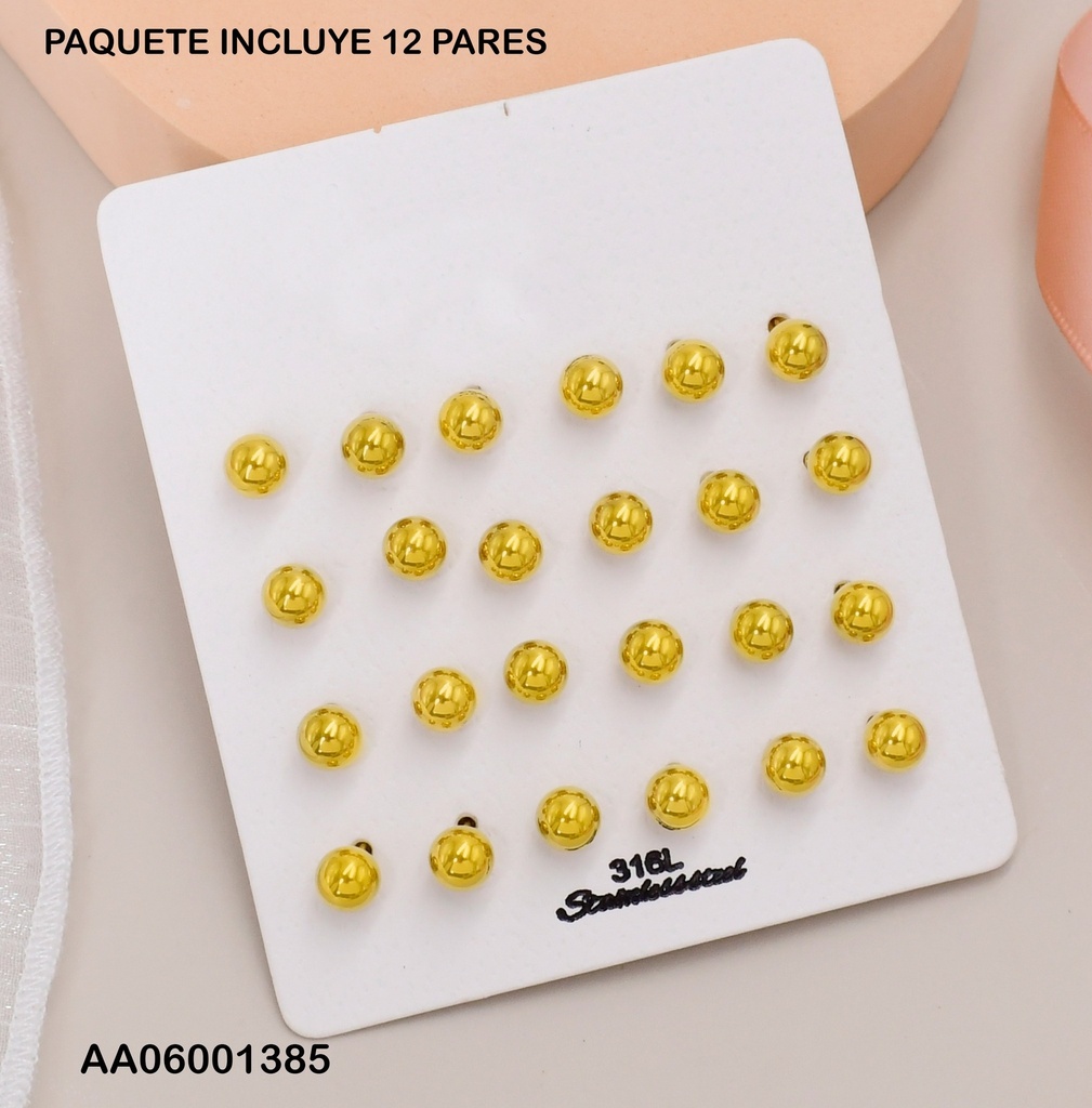 PAQUETE 12 PARES ARETES ESFERAS DORADAS 6MM