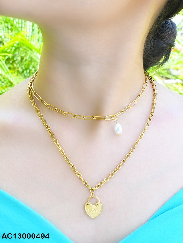 CADENA DOBLE DIJES PERLA CULTIVADA/CANDADO💛"LOVE"