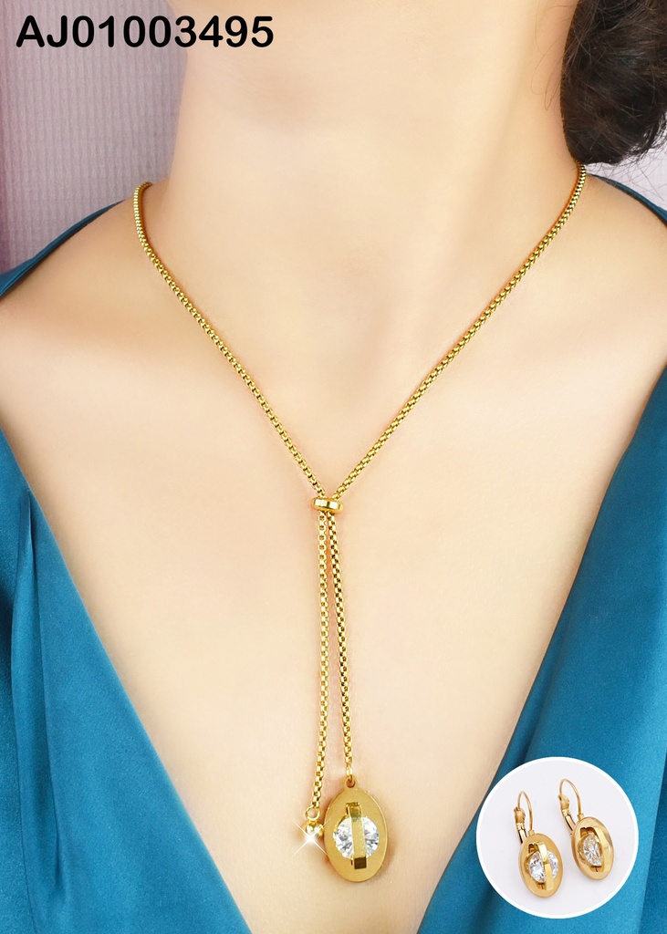 JUEGO ACERO OVALO C/ ZIRCONIA Y ARETES GOLGAR