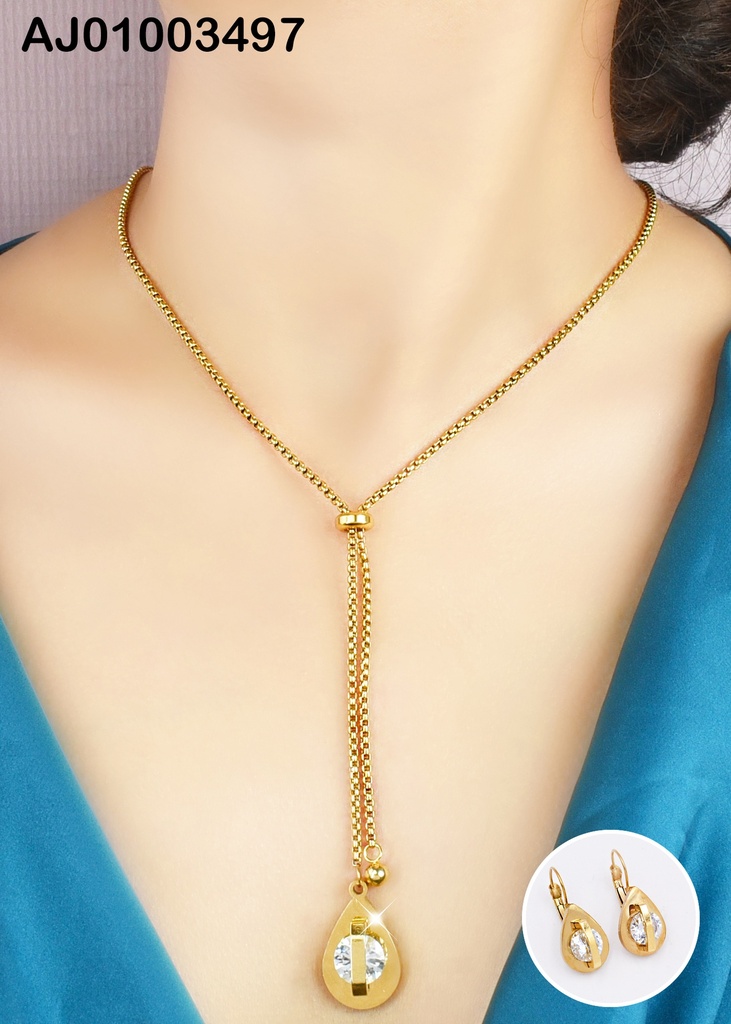 JUEGO ACERO LAGRIMA C ZIRCONIA Y ARETES GOLGAR