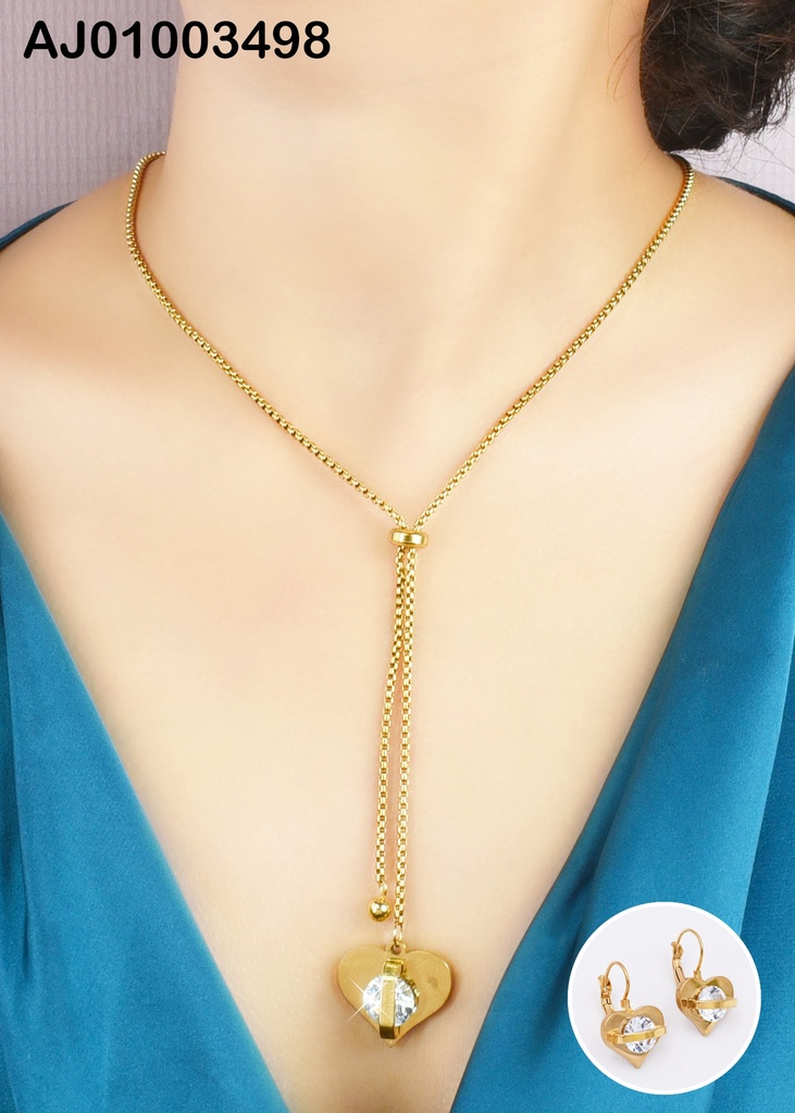 JUEGO ACERO CORAZON C/ZIRCONIA Y ARETES GOLGAR